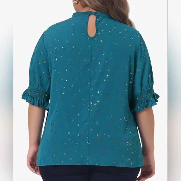 Teal Ruffle Sleeve Women's Top With Gold Stars Size 2X - Picture 8 of 10